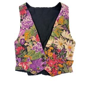 Vintage 80s Floral Tapestry Vest Black Adjustable Back Women's Small Boho